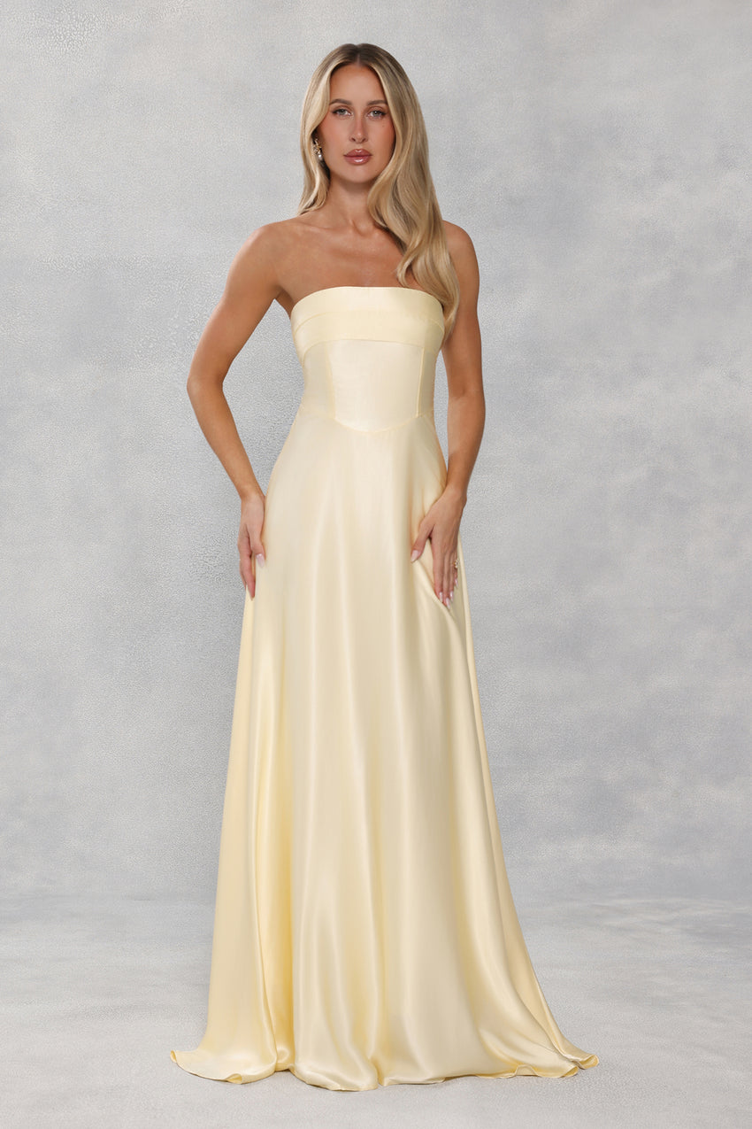 The Serina Strapless Satin Maxi Dress Yellow