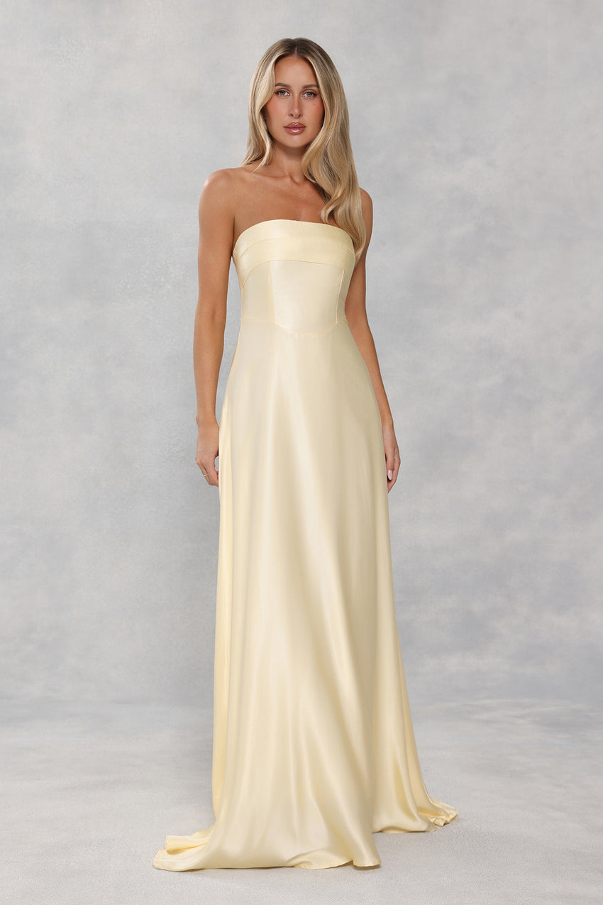 The Serina Strapless Satin Maxi Dress Yellow