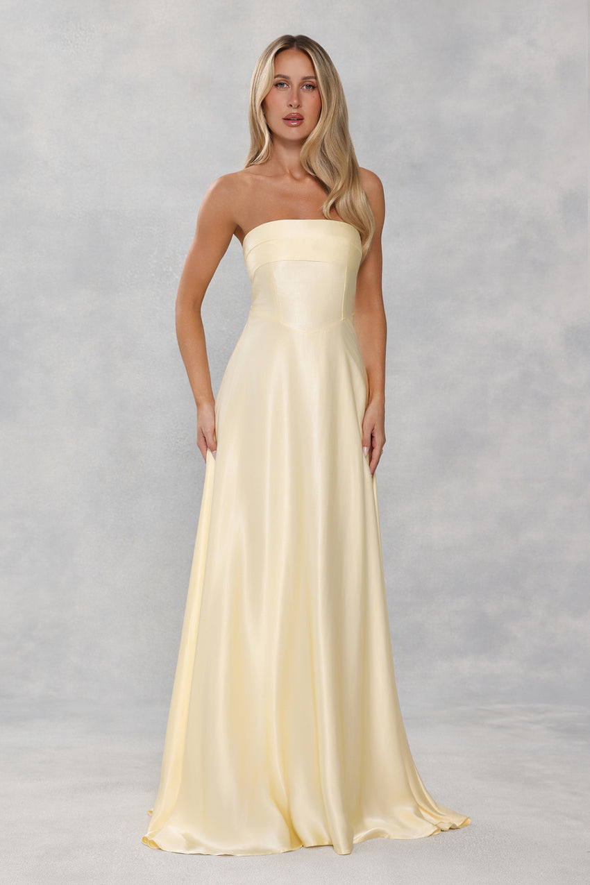 The Serina Strapless Satin Maxi Dress Yellow
