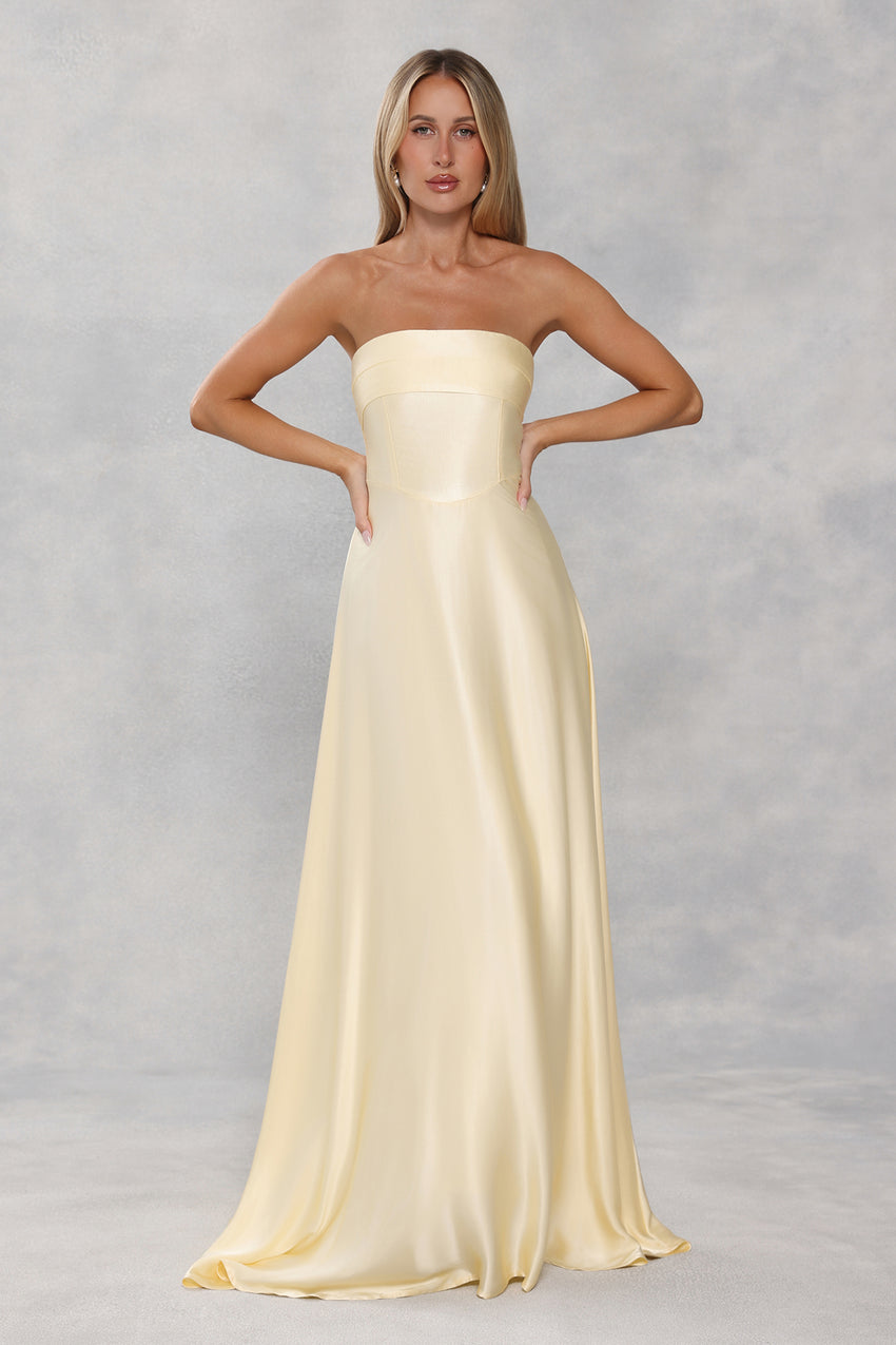 The Serina Strapless Satin Maxi Dress Yellow