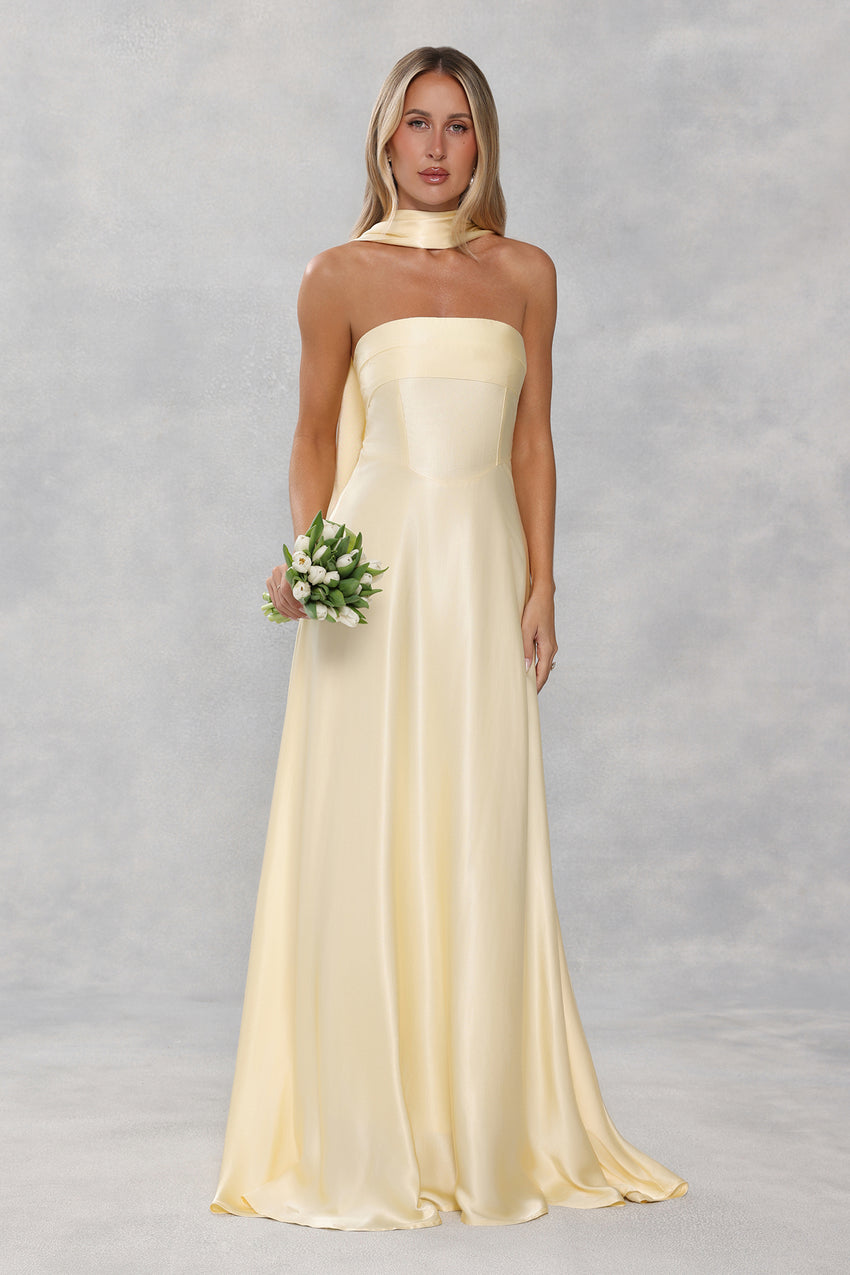 The Serina Strapless Satin Maxi Dress Yellow