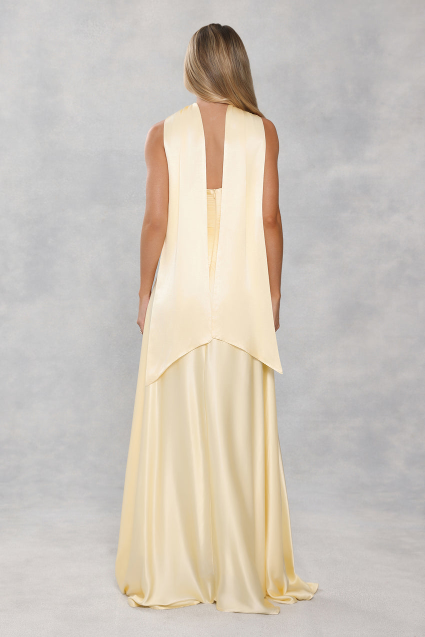 The Serina Strapless Satin Maxi Dress Yellow