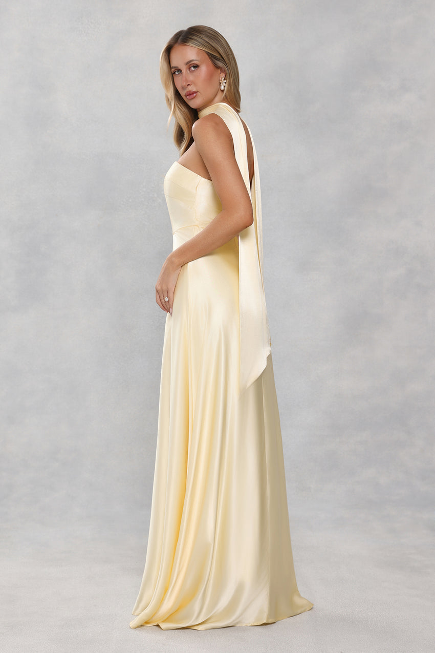 The Serina Strapless Satin Maxi Dress Yellow