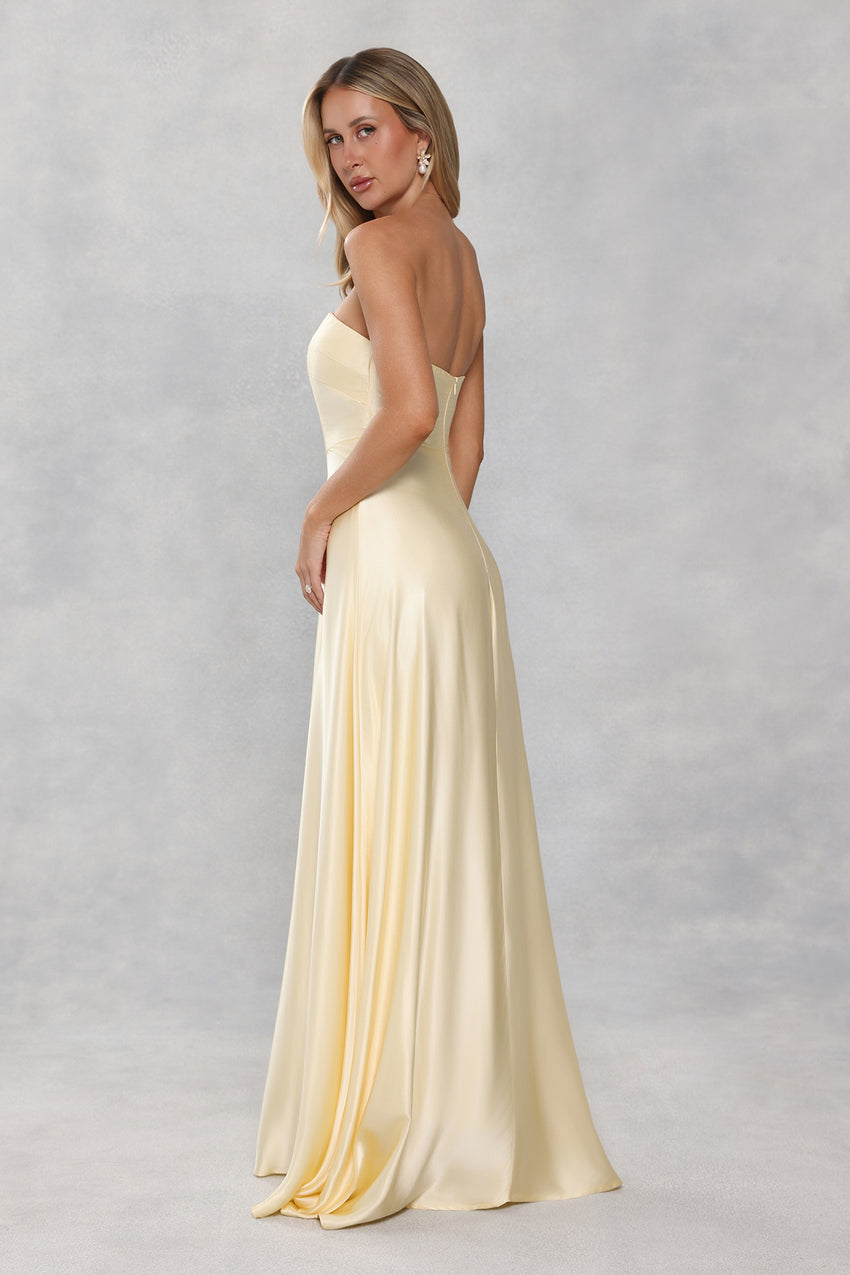 The Serina Strapless Satin Maxi Dress Yellow