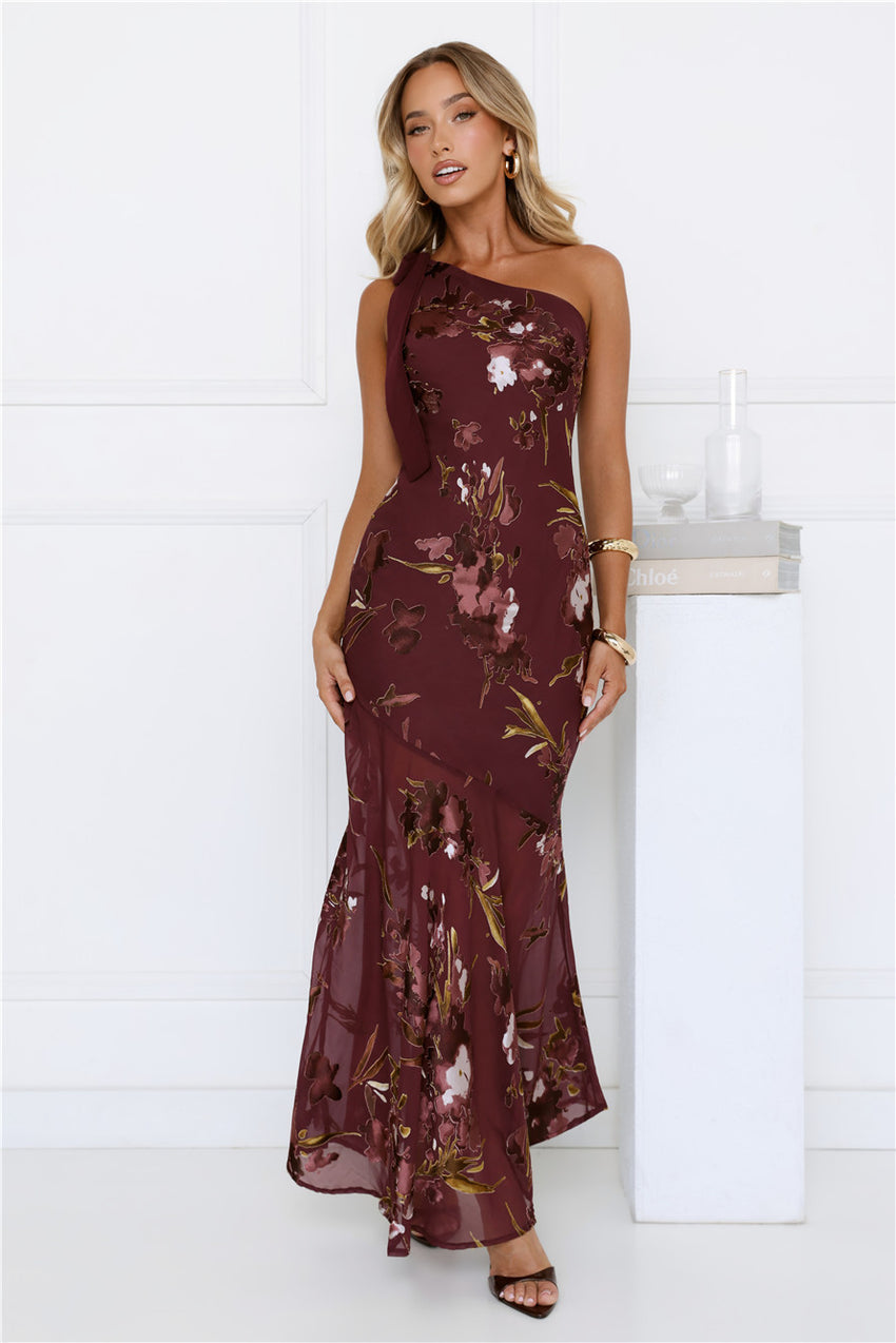 Opulent Bloom One Shoulder Maxi Dress Burgundy