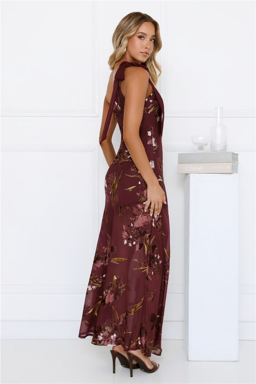 Opulent Bloom One Shoulder Maxi Dress Burgundy