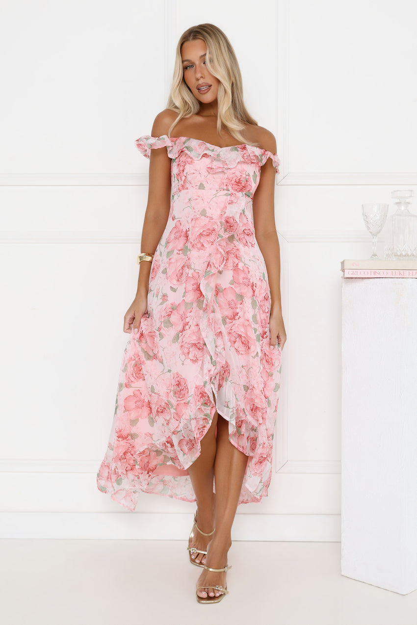 Whispering Blossoms Off Shoulder Maxi Dress Pink