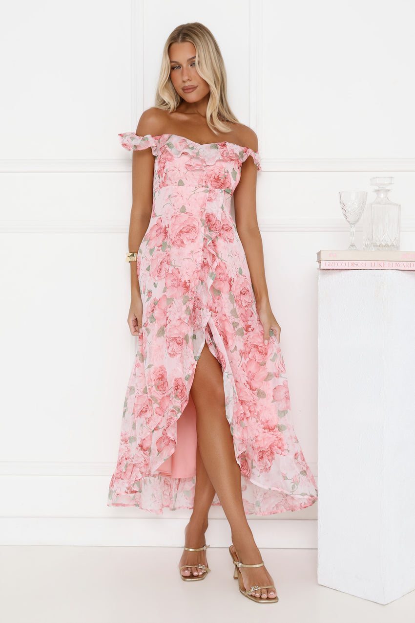 Whispering Blossoms Off Shoulder Maxi Dress Pink