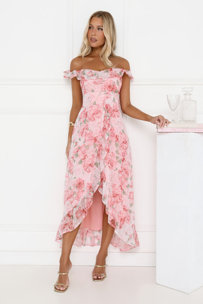 Whispering Blossoms Off Shoulder Maxi Dress Pink