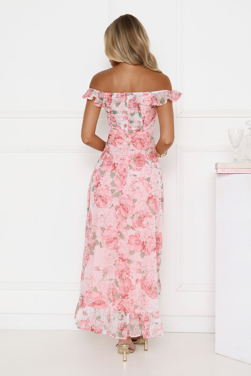 Whispering Blossoms Off Shoulder Maxi Dress Pink