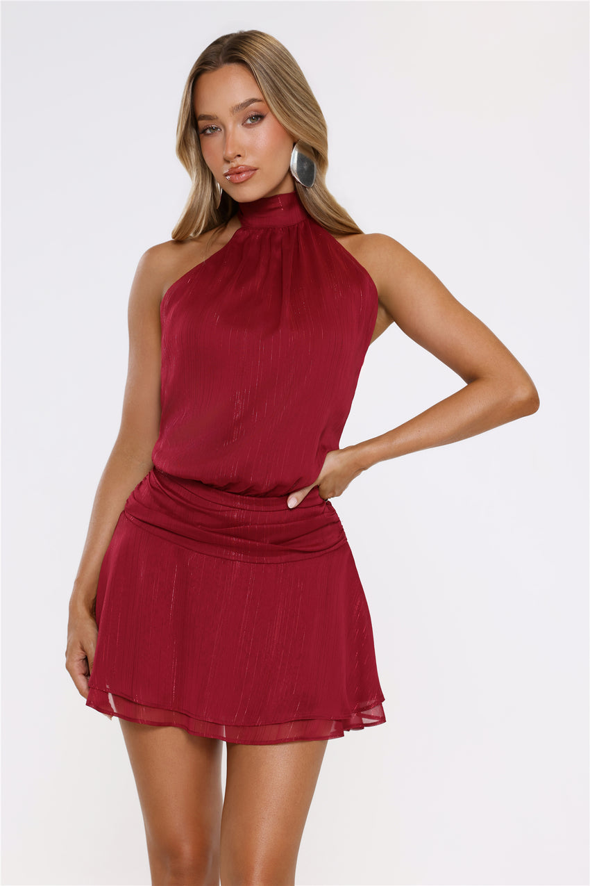 Flirty Halter Shimmer Mini Dress Wine