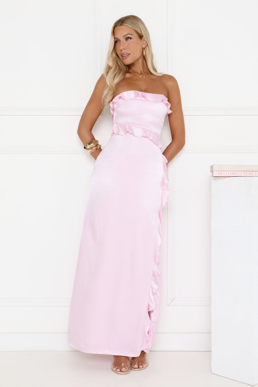 Seaside Eternity Strapless Satin Maxi Dress Pink