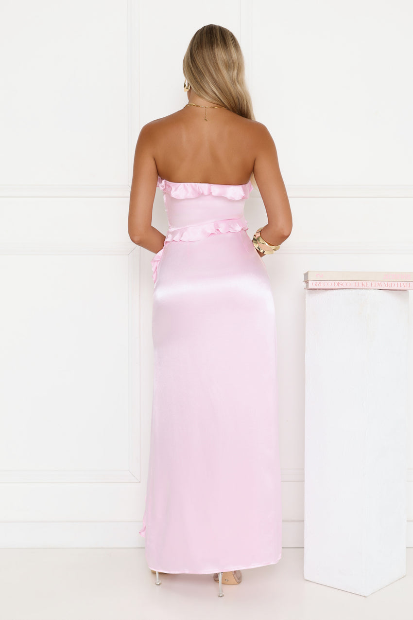 Seaside Eternity Strapless Satin Maxi Dress Pink