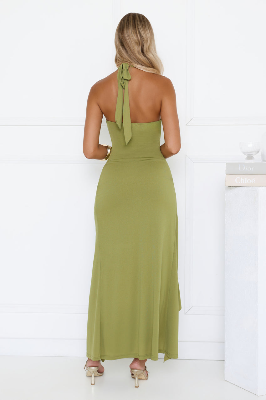 Modern Muse Halter Ruched Maxi Dress Olive Green