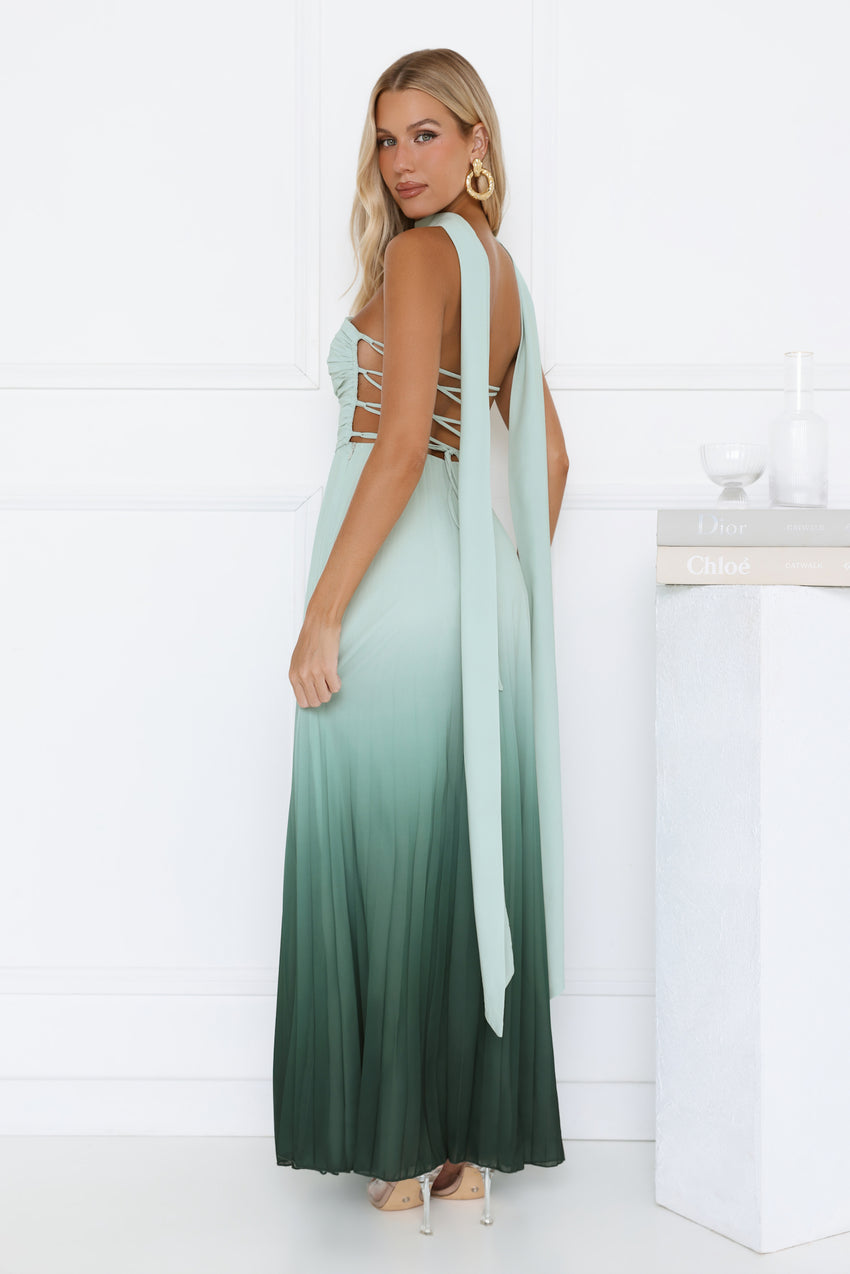 Goddess Ombre Pleated Maxi Dress Green