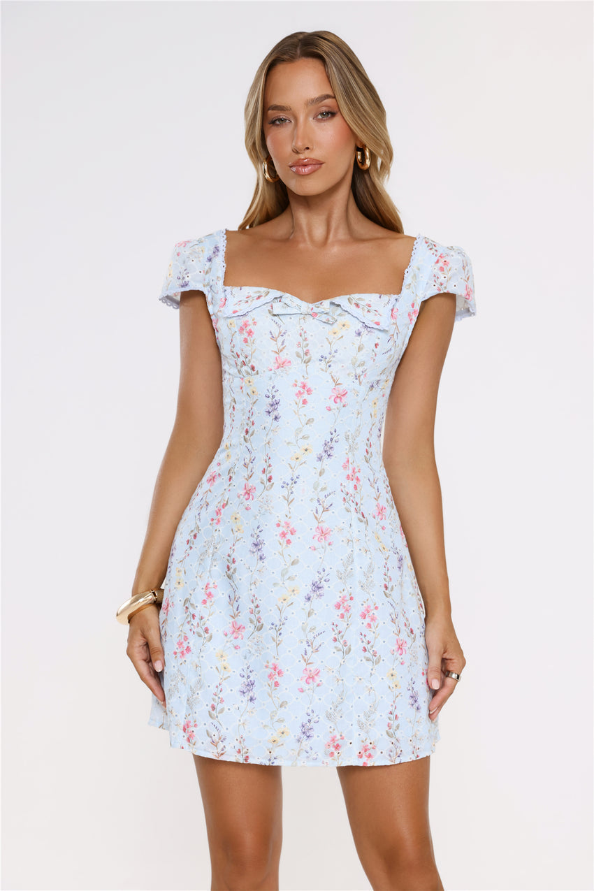 Too Cute To Care Embroidered Mini Dress Blue