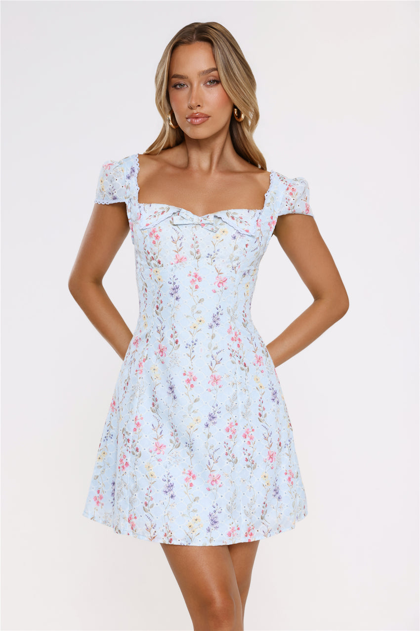 Too Cute To Care Embroidered Mini Dress Blue