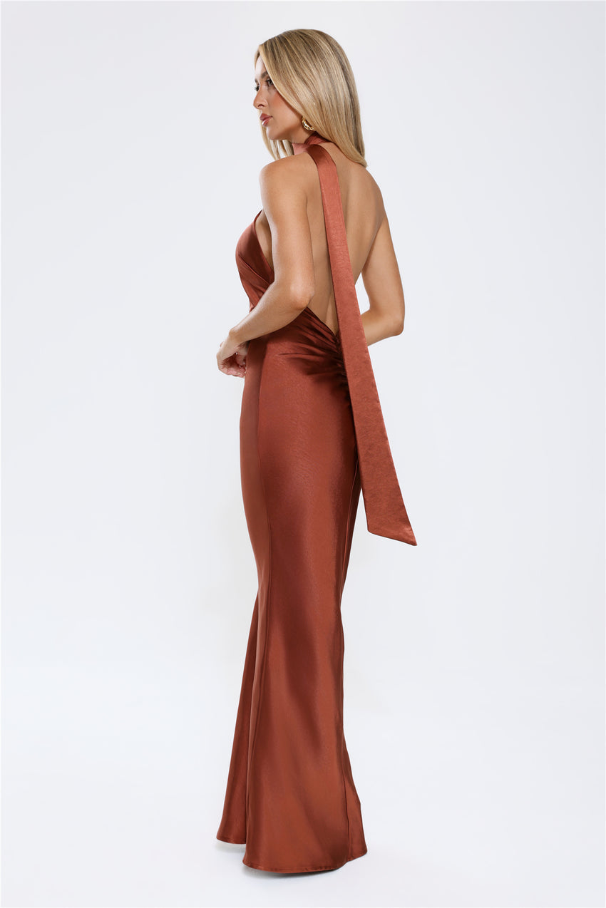 Cinnamon Glaze Halter Satin Maxi Dress Brown