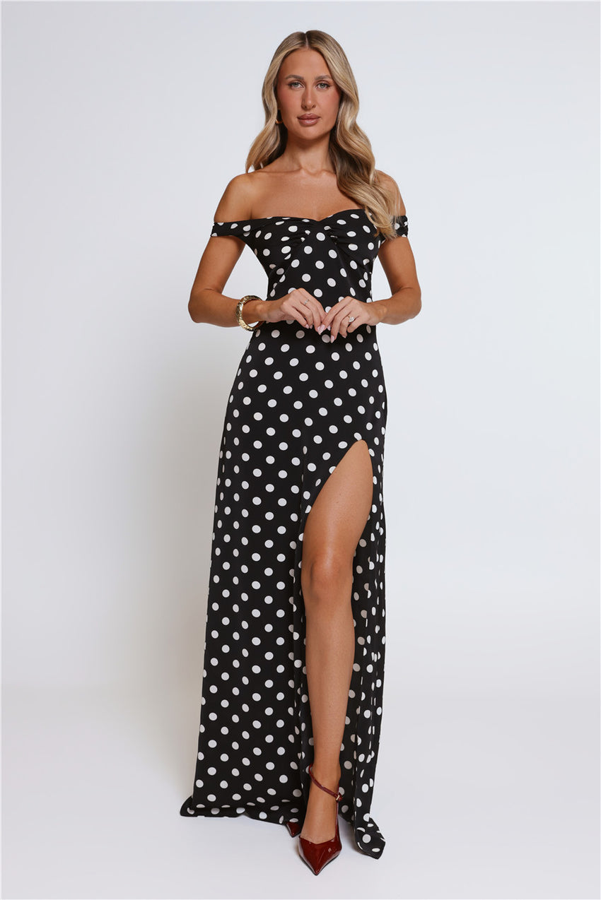 Trending Live Off Shoulder Polka Dot Maxi Dress Black