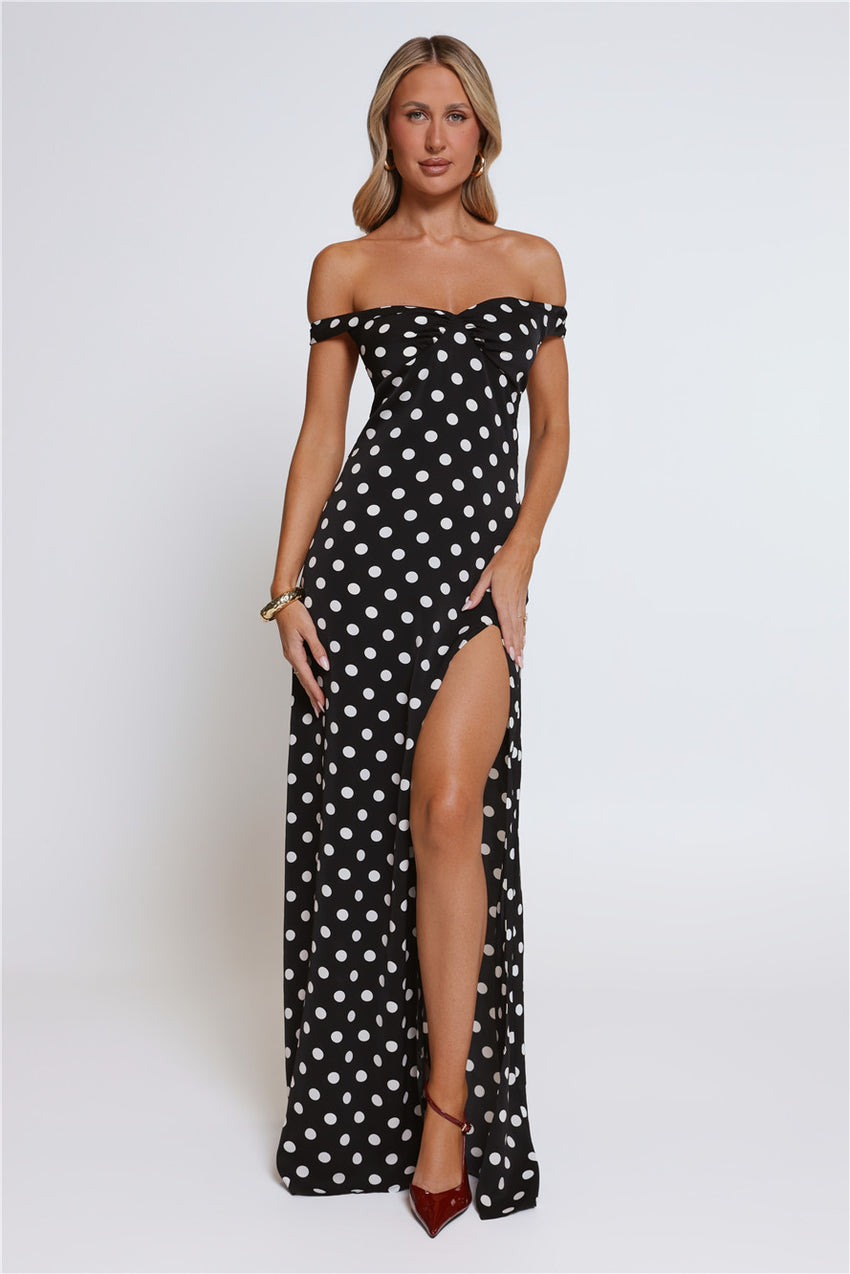 Trending Live Off Shoulder Polka Dot Maxi Dress Black