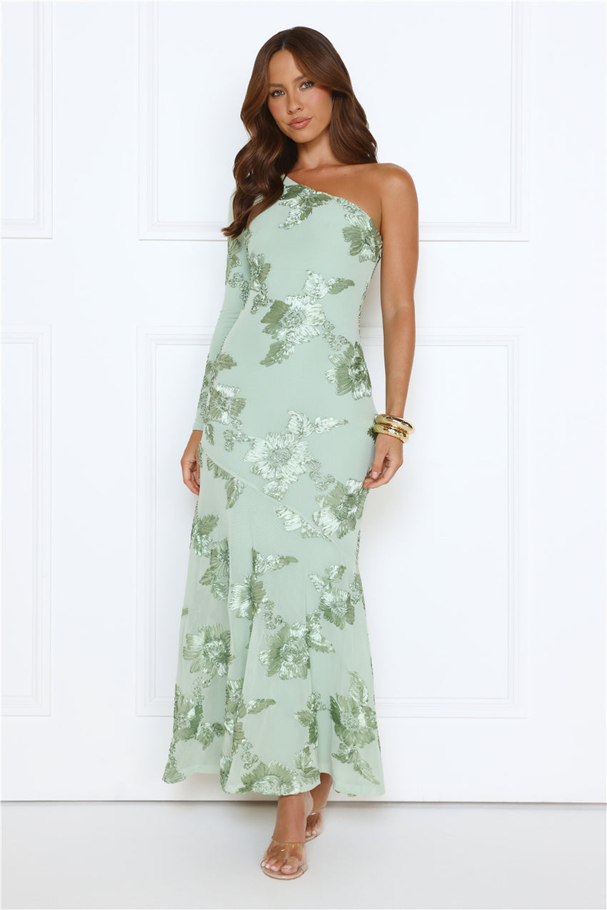 Glow Queen Energy One Shoulder Maxi Dress Sage