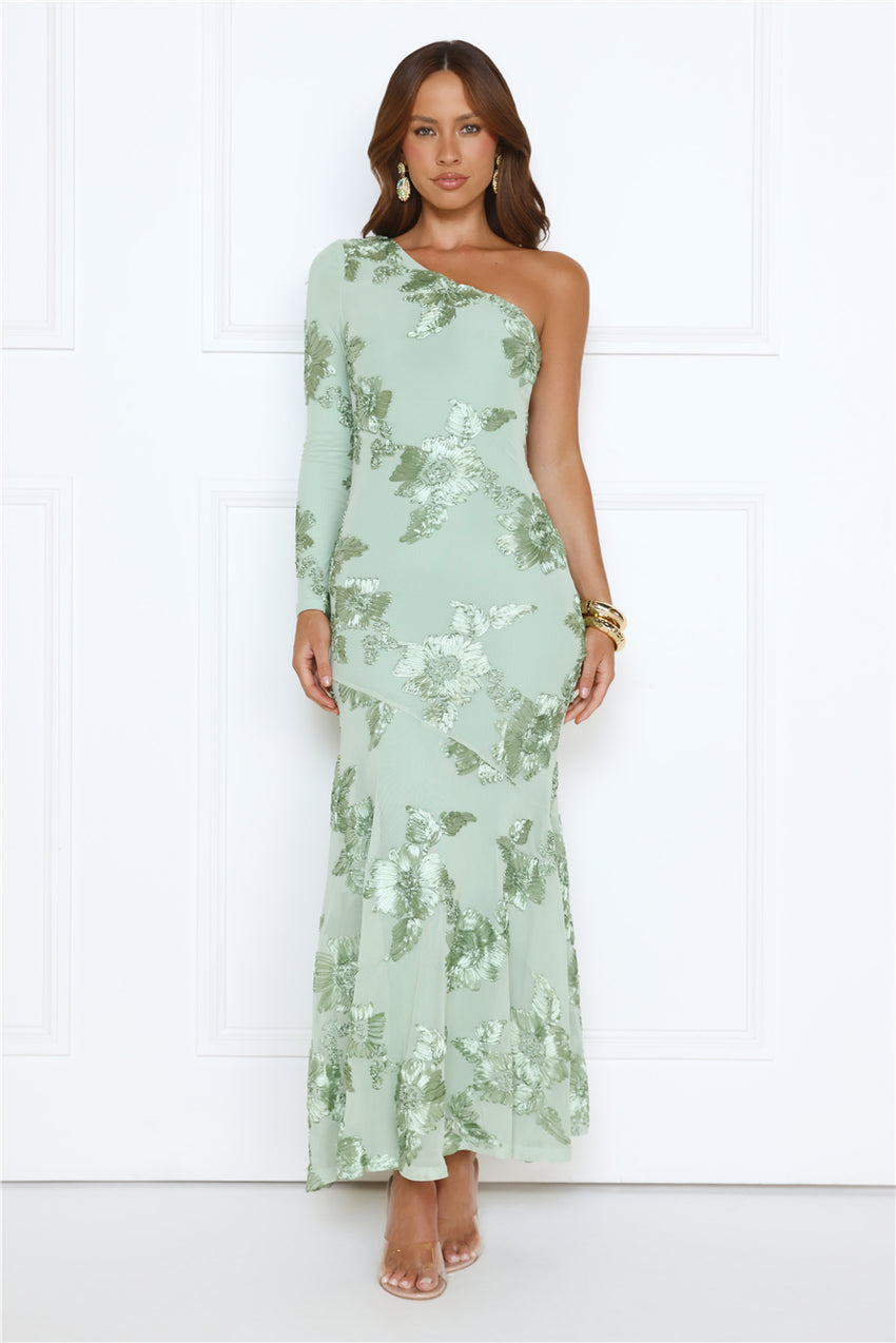Glow Queen Energy One Shoulder Maxi Dress Sage