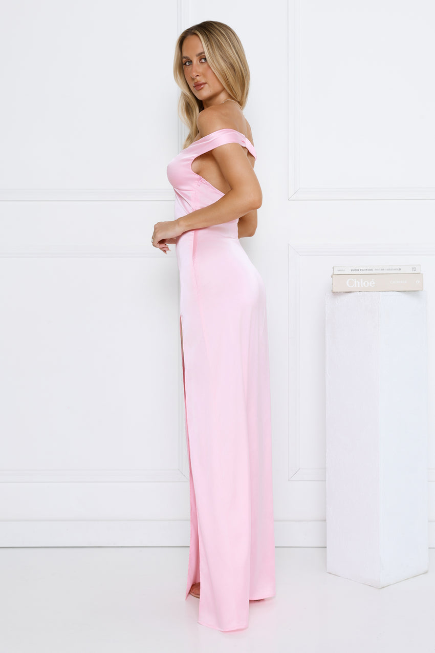Spark Babe Off Shoulder Satin Maxi Dress Pink