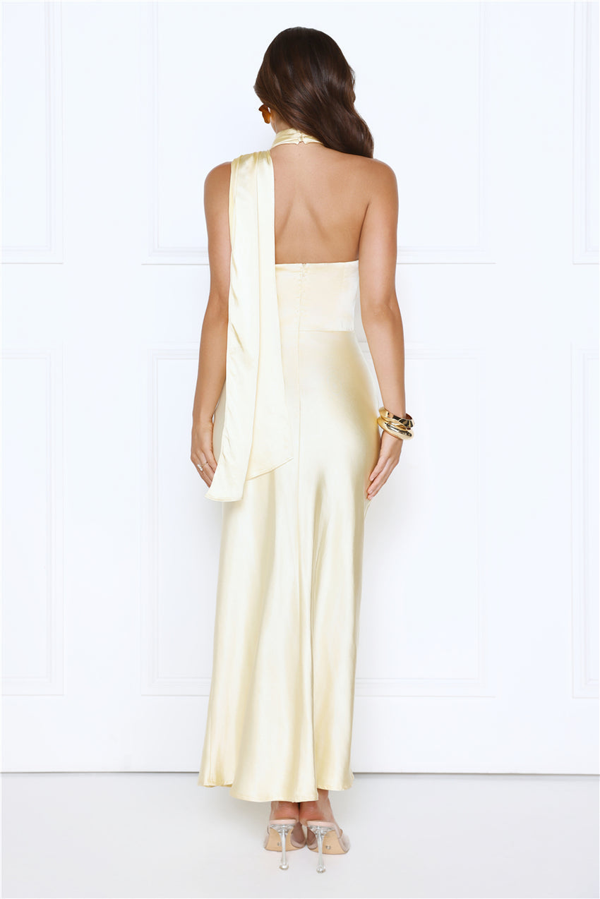 Dream Luxe Halter Satin Maxi Dress Yellow