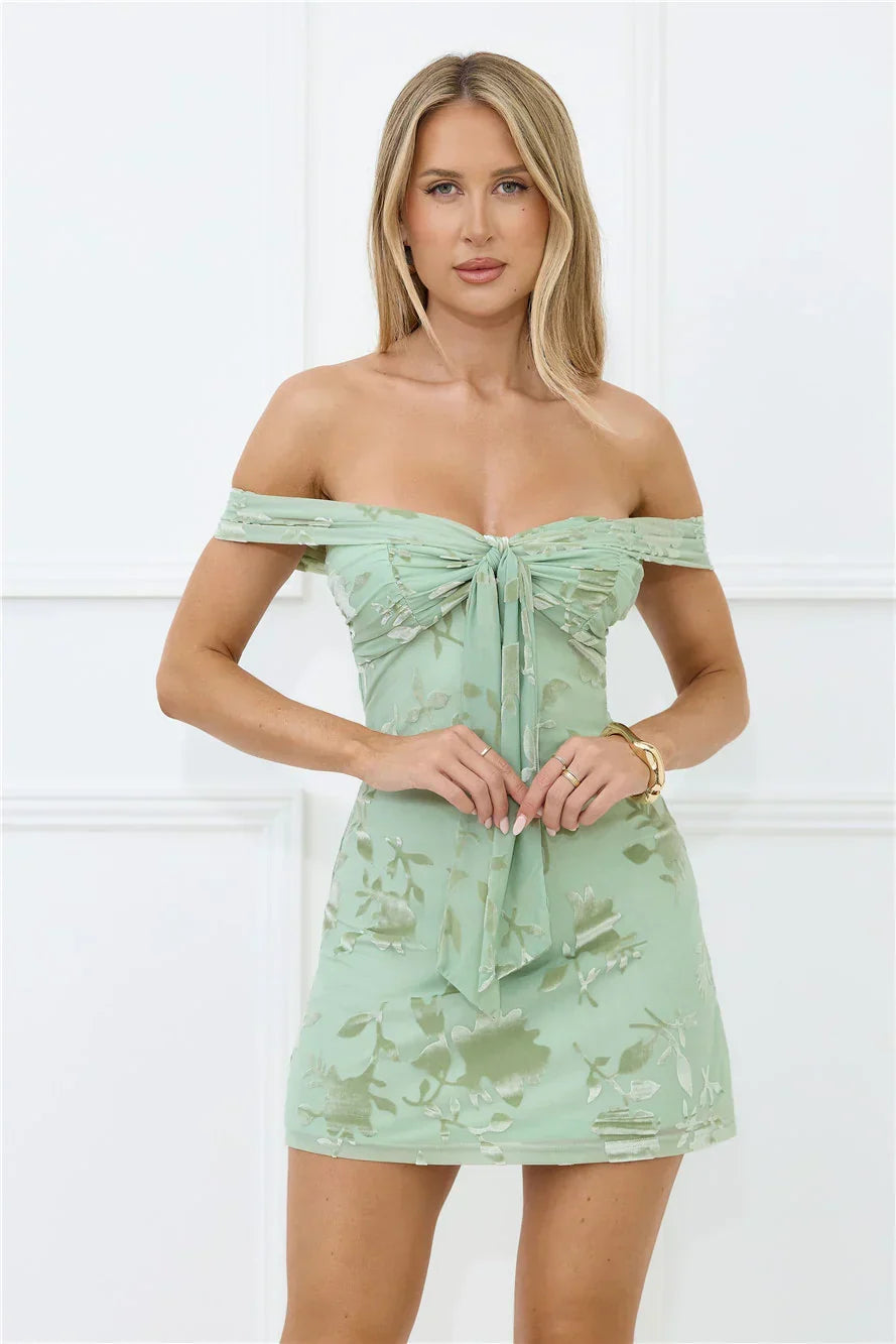 Fierce Dreams Off Shoulder Mesh Mini Dress Sage