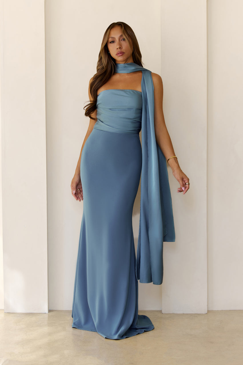 Luxe Nights Strapless Maxi Dress Dusty Blue