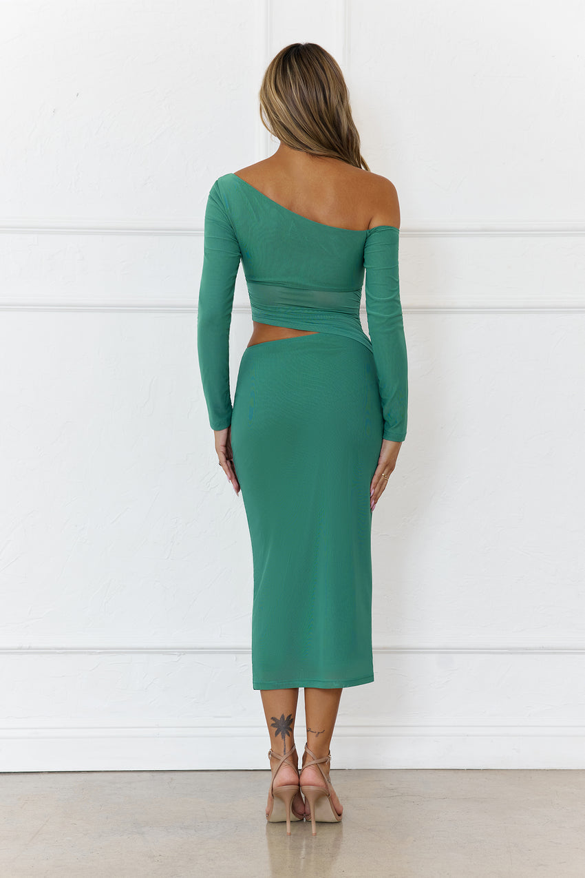 More To Want Long Sleeve Mesh Midi Dress Green