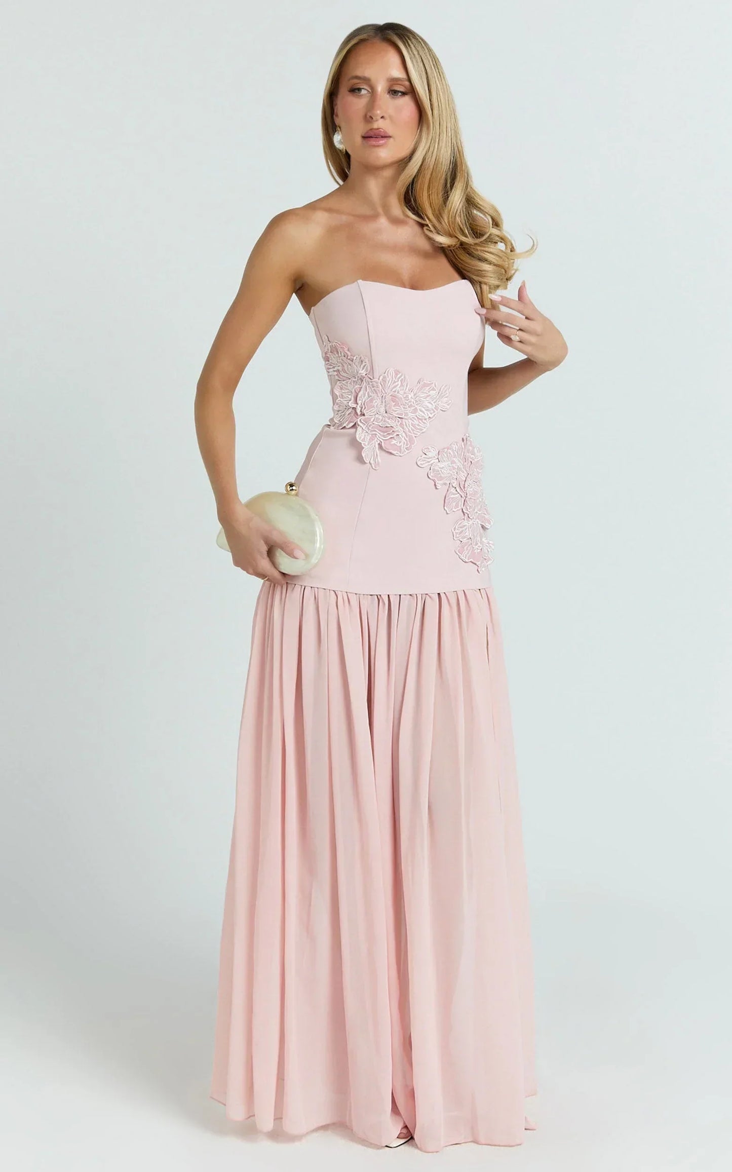 Jefferies Maxi Dress - Peplum Bodice Contrast Georgette Dress In Pink