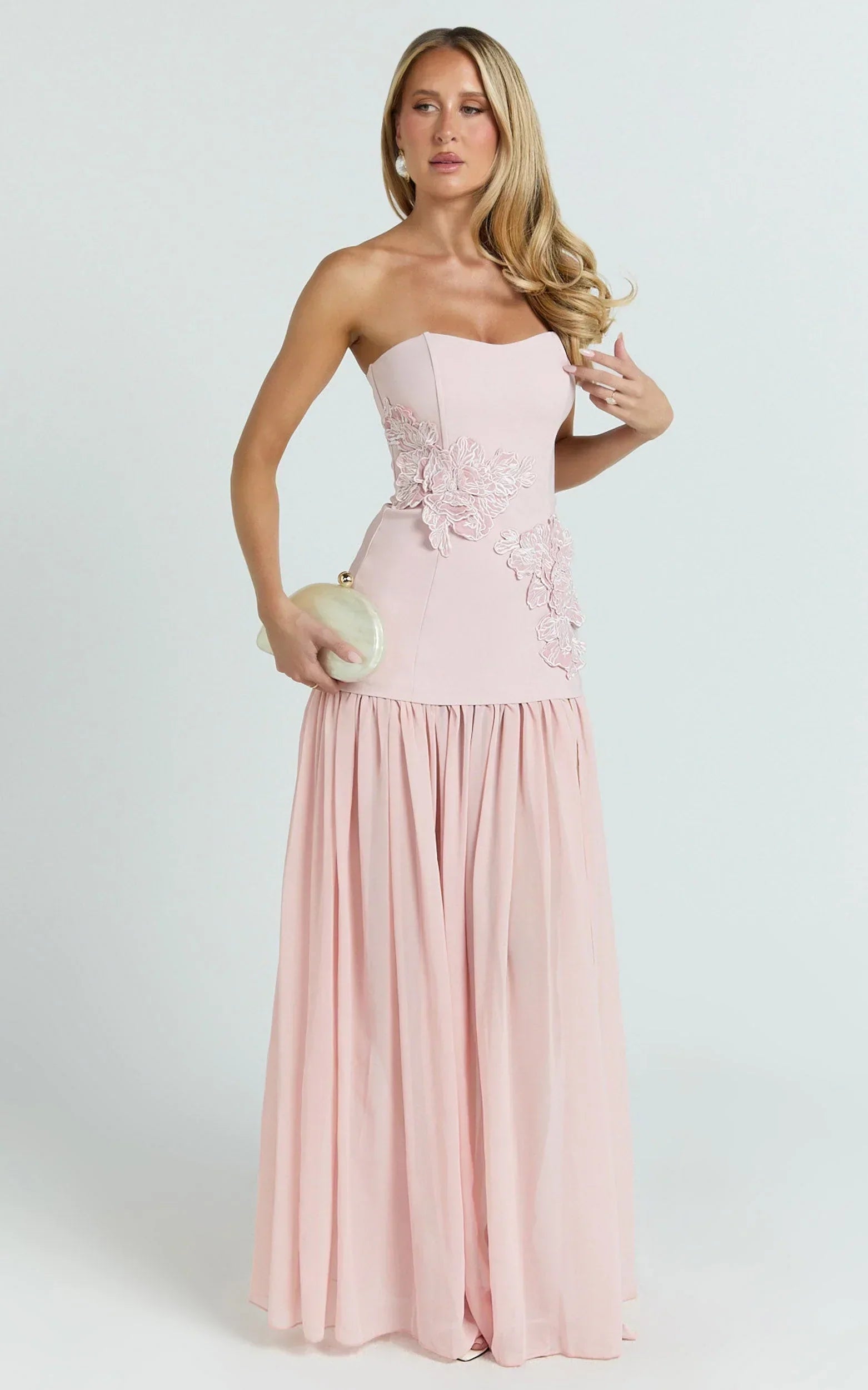 Jefferies Maxi Dress - Peplum Bodice Contrast Georgette Dress In Pink