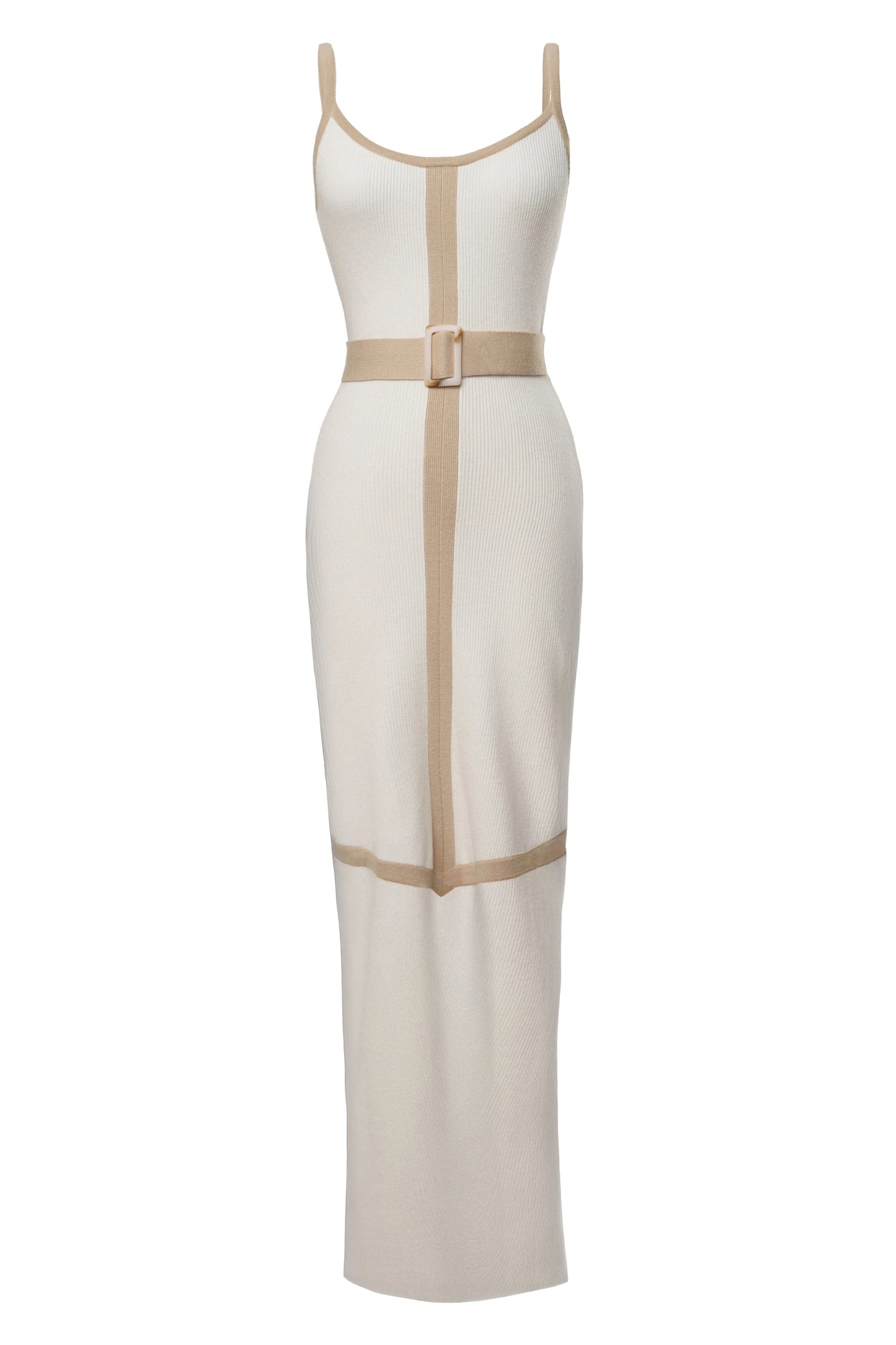Ivory Beige Belted Cami Maxi Dress