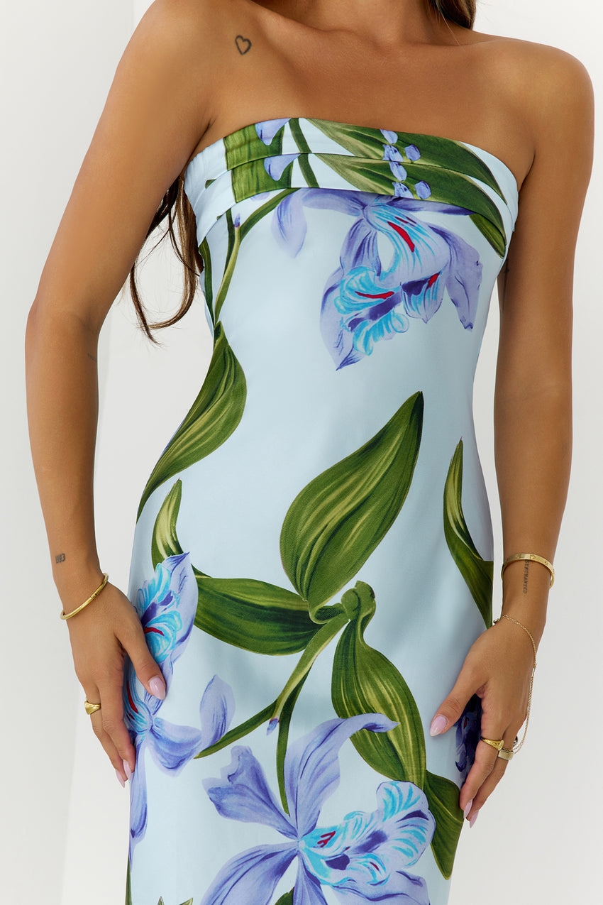 Tropical Escape Strapless Satin Maxi Dress Blue