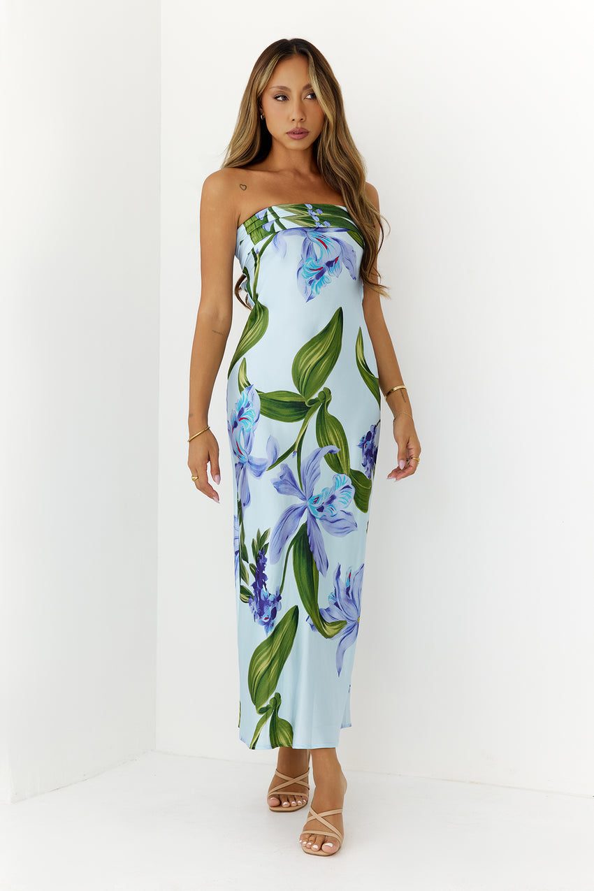 Tropical Escape Strapless Satin Maxi Dress Blue