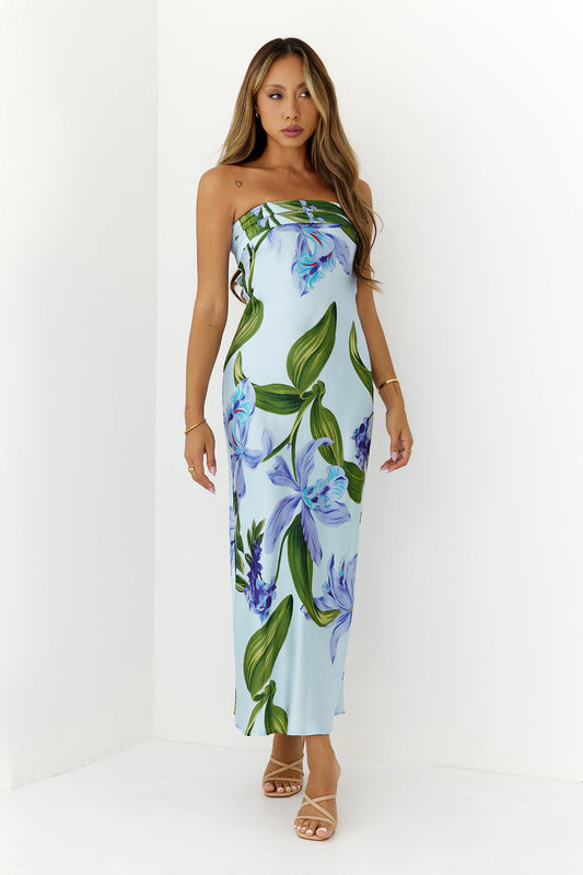 Tropical Escape Strapless Satin Maxi Dress Blue