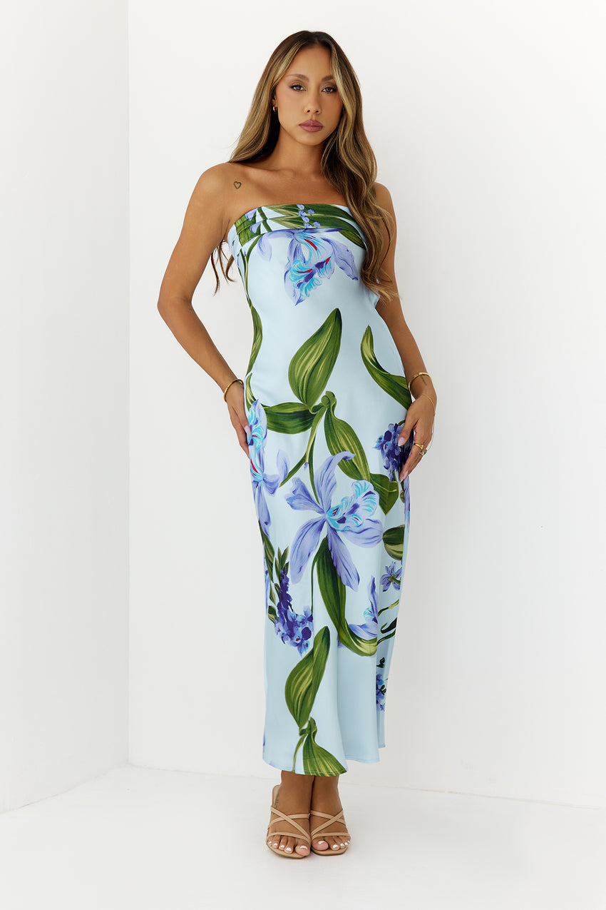 Tropical Escape Strapless Satin Maxi Dress Blue