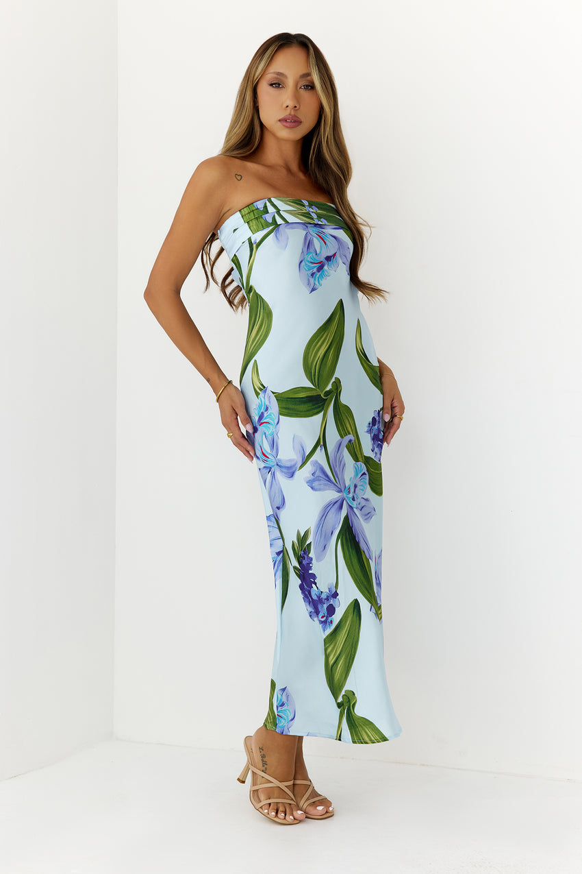 Tropical Escape Strapless Satin Maxi Dress Blue