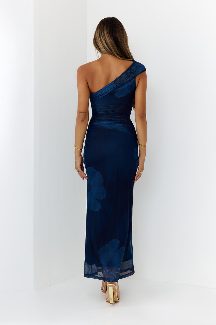 Mischief Glow Off Shoulder Mesh Maxi Dress Navy