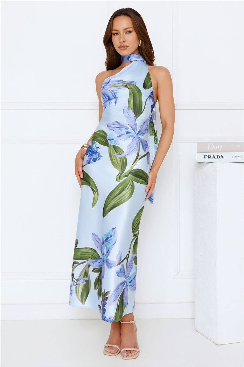 Romance In Bloom Satin Maxi Dress Blue