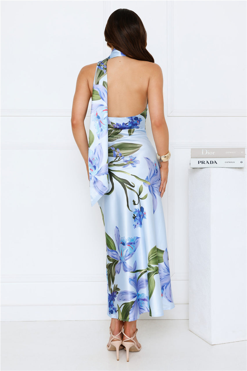 Romance In Bloom Satin Maxi Dress Blue