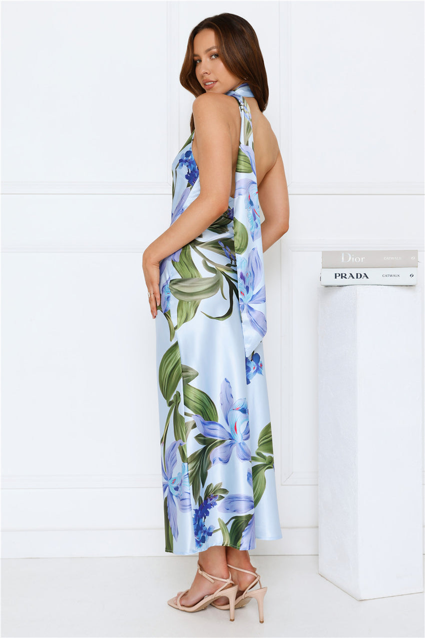 Romance In Bloom Satin Maxi Dress Blue