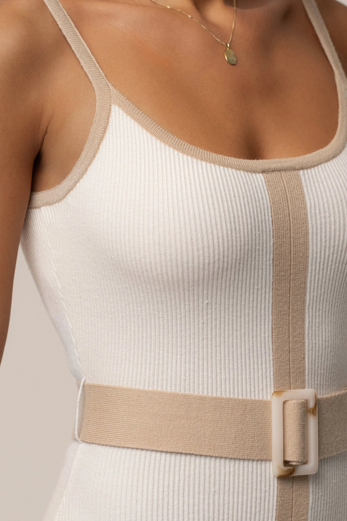 Ivory Beige Belted Cami Maxi Dress