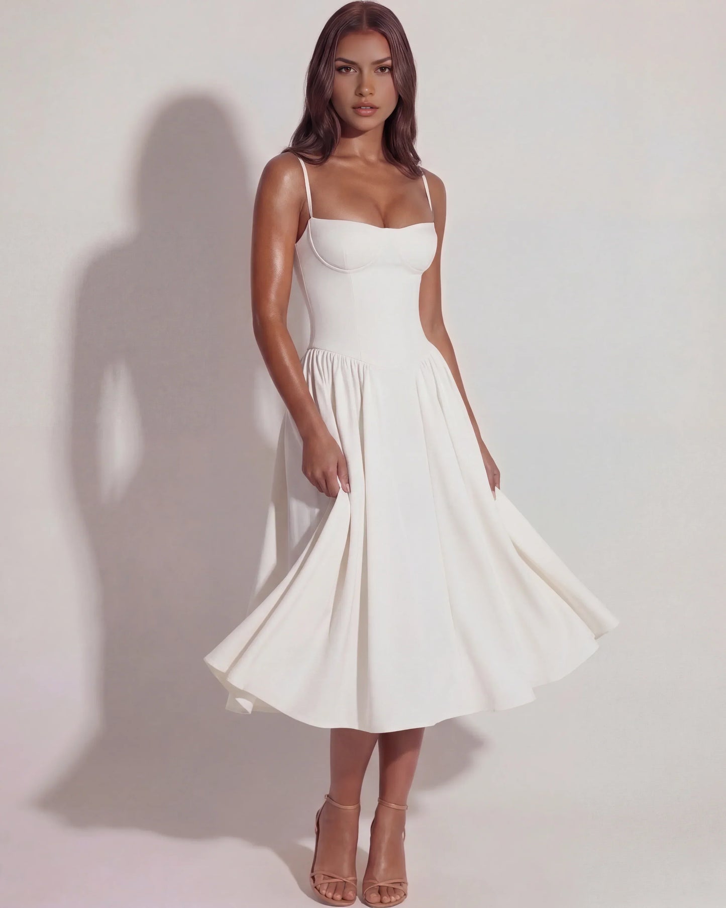 White Midi Dress With Sweetheart Neckline And Hidden Pockets