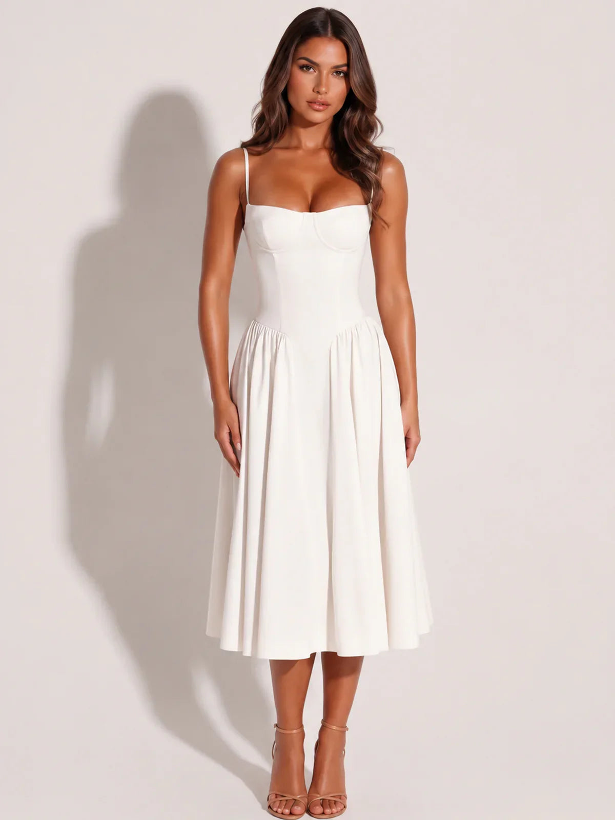 White Midi Dress With Sweetheart Neckline And Hidden Pockets