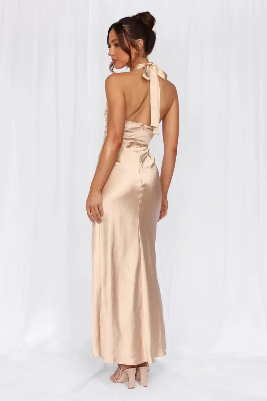 The Adeline Halter Satin Maxi Dress Champagne