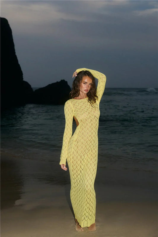 Island Aura Long Sleeve Knit Maxi Dress Yellow