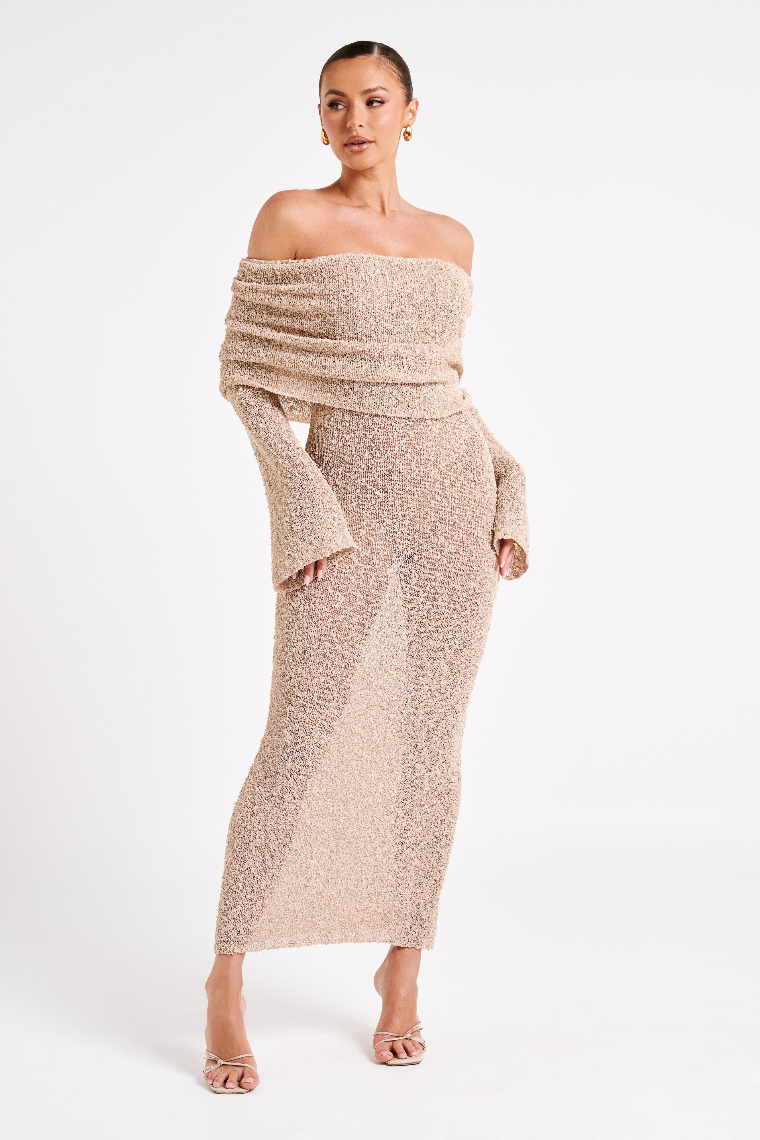 Off Shoulder Boucle Maxi Dress