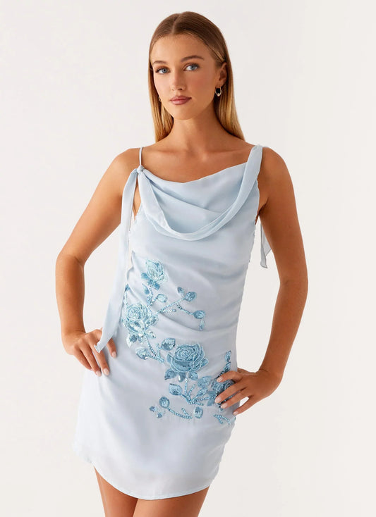 Lily Beaded Mini Dress - Pastel Blue